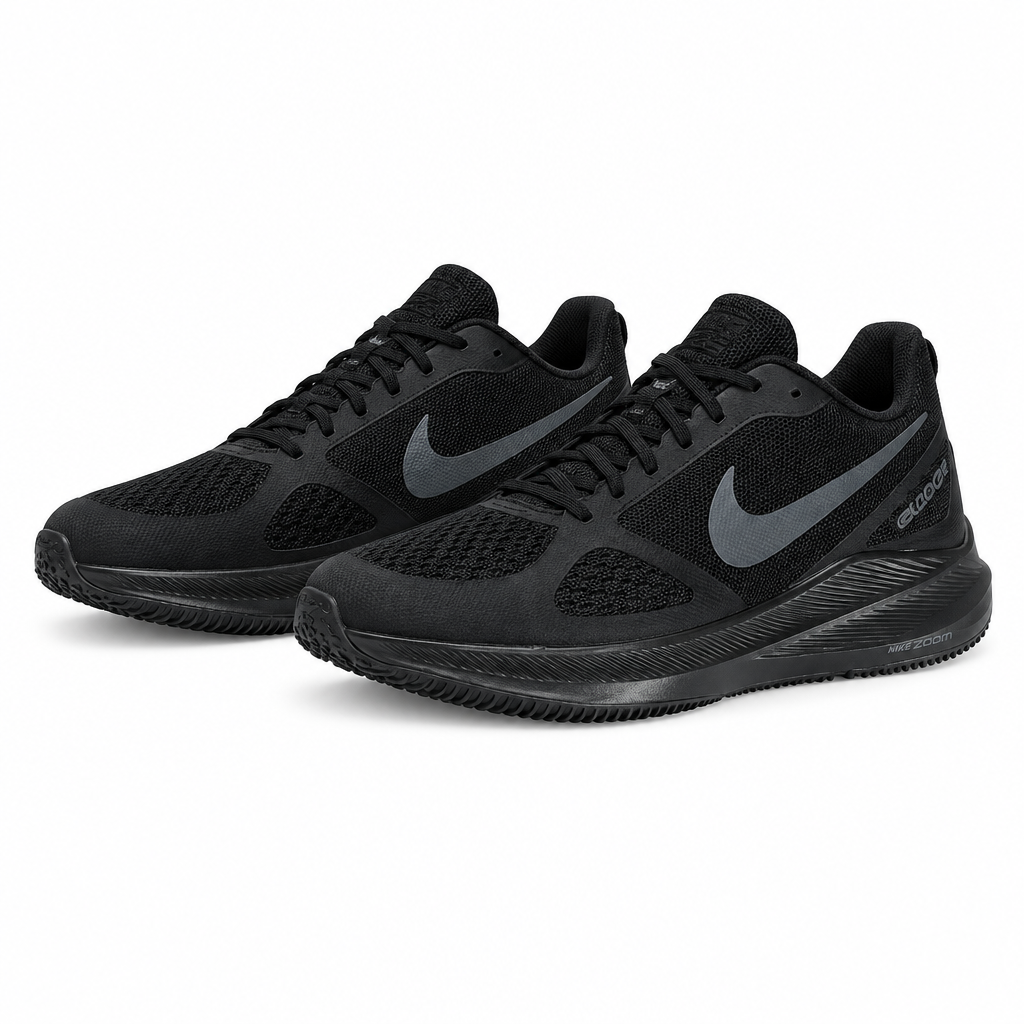 Triple black mesh cushioned running sneakers pair