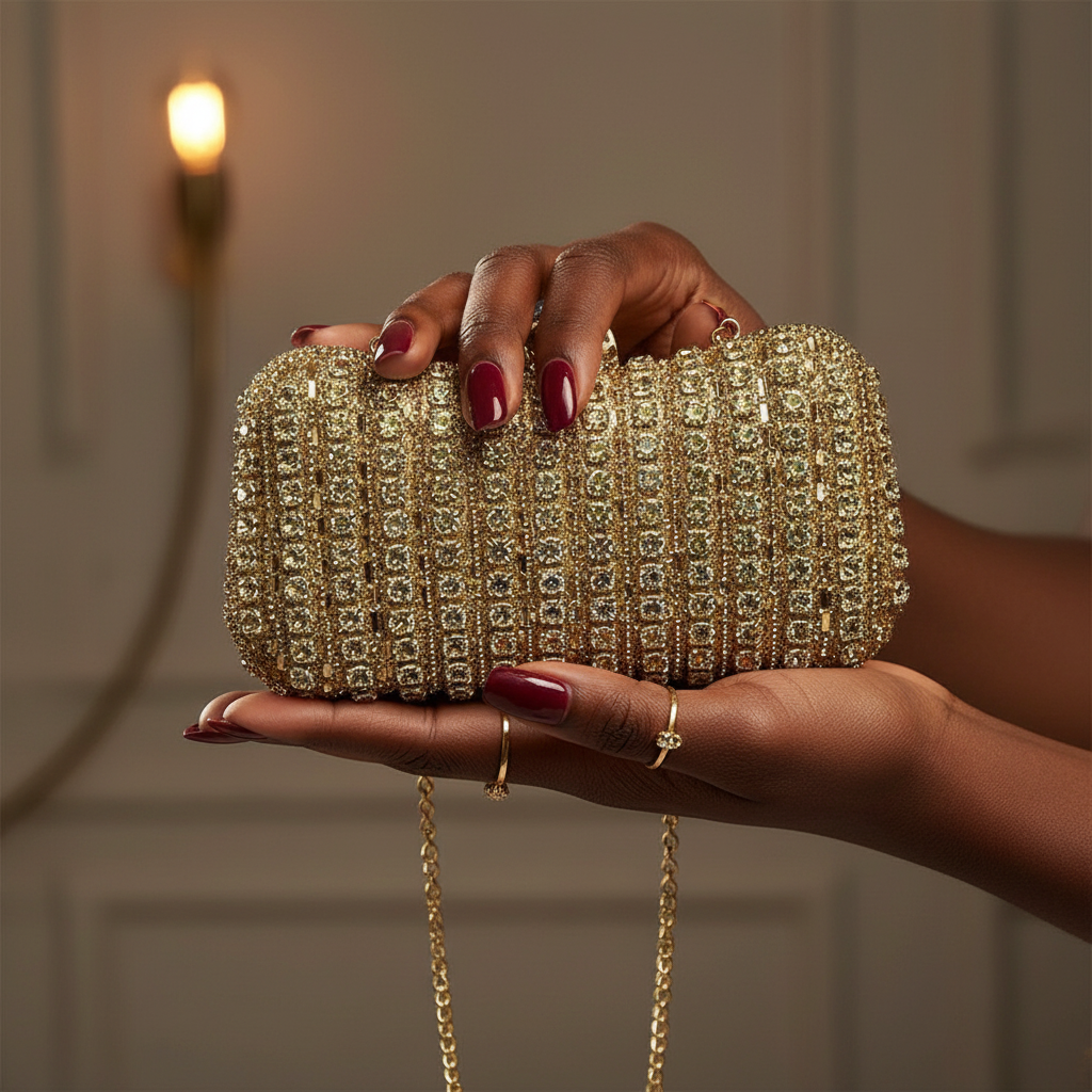 Black Nigerian woman's polished hand holding Enemuo Crystal Box Clutch
