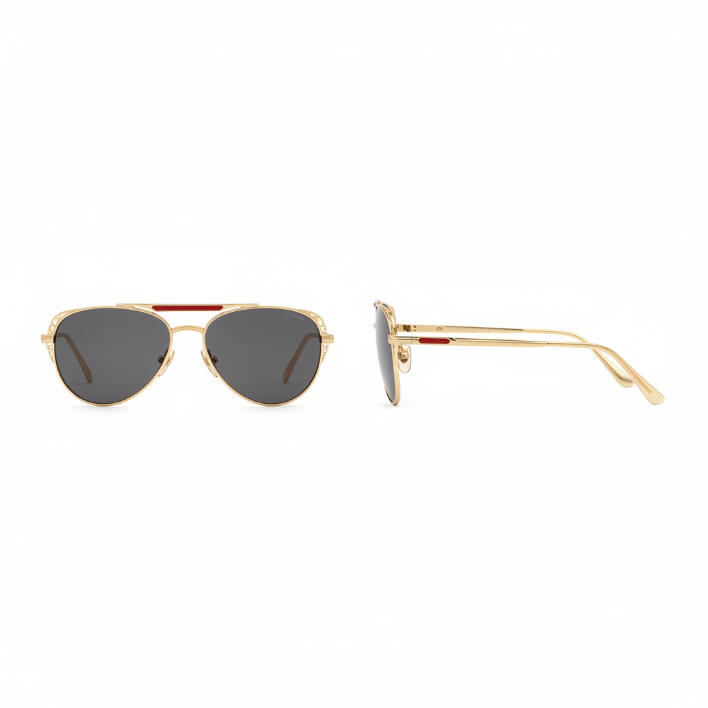 Unisex slim aviator sunglasses ornate gold double-bridge dark grey smoke lens red nose accent ridged gold temple – front and side view