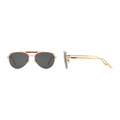Unisex slim aviator sunglasses ornate gold double-bridge dark grey smoke lens red nose accent ridged gold temple – front and side view