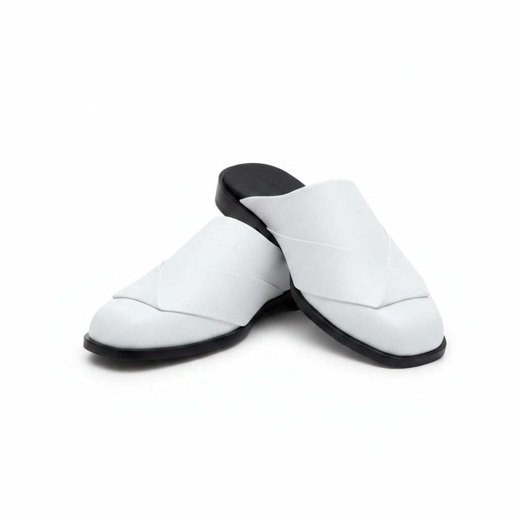 White leather cross-strap mule slipper ghost mannequin product shot, plain white background