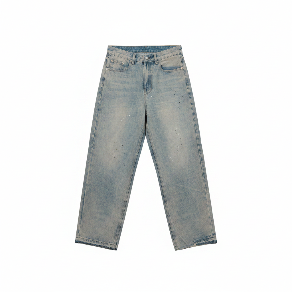 Ghost mannequin front view – Men's Light Blue Vintage Wash Baggy Denim Jeans Paint Splatter Detail