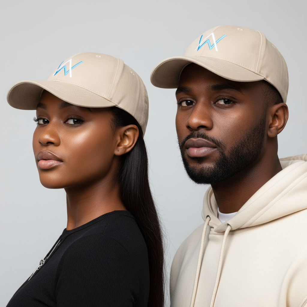 Nigerian Gen Z male and female models wearing beige geometric logo baseball cap