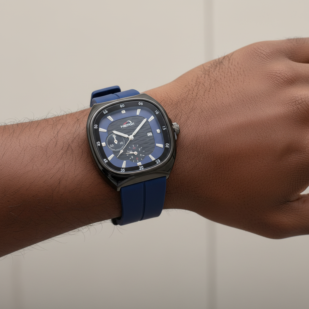 Black multi-dial watch with blue strap worn on a wrist