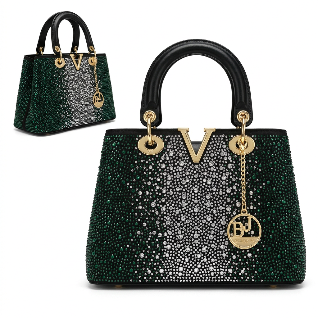 Deep green and silver embellished handbag front and visible side views on white