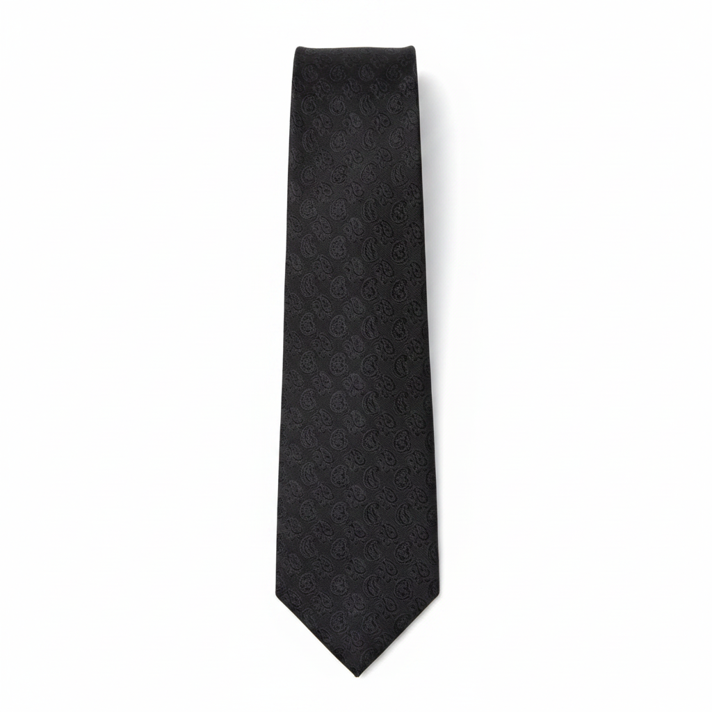 Men's black tonal floral paisley jacquard woven necktie flat lay product shot