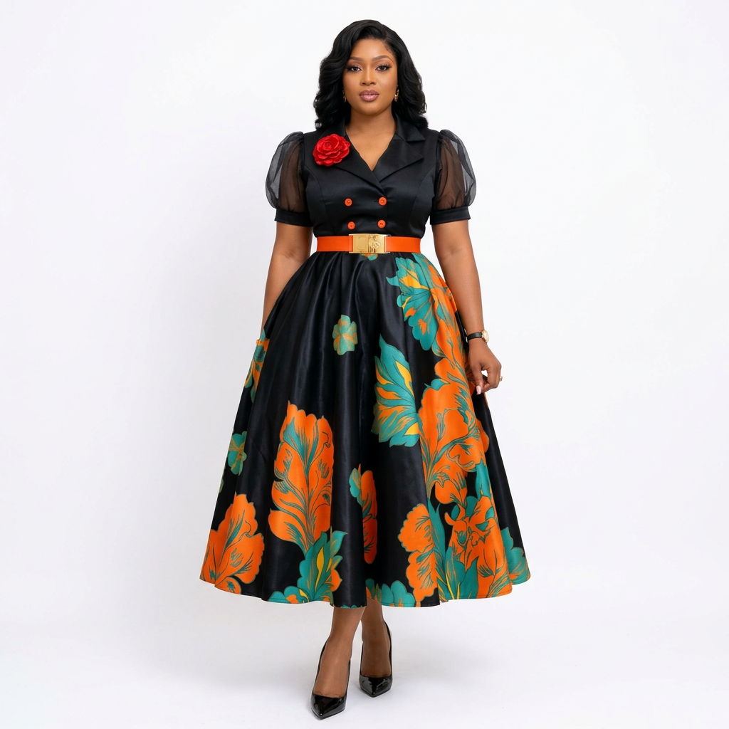 Black adult model wearing an orange and green leaf-print skirt and black puff-sleeve top