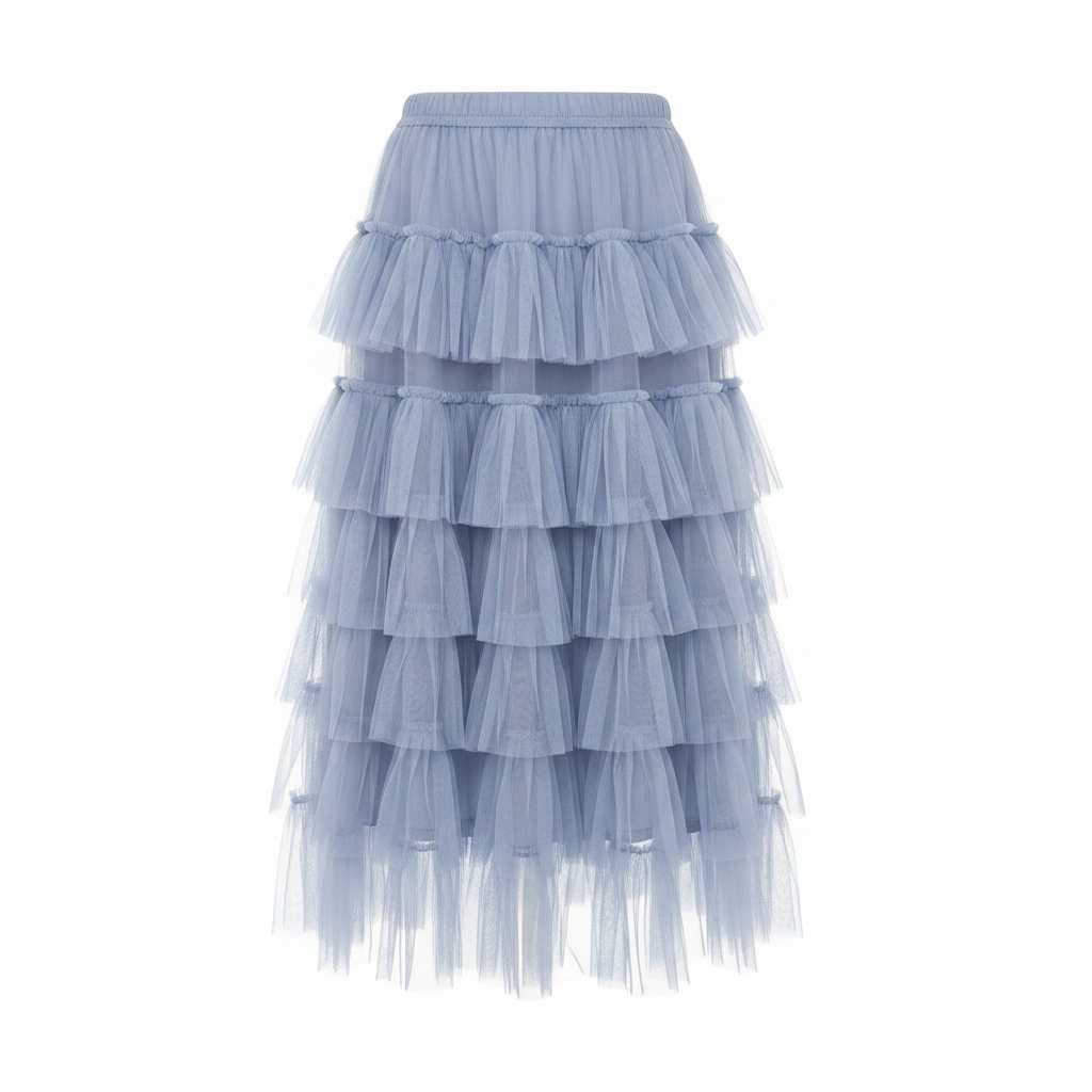 Dusty Blue Multi-Tier Ruffle Tulle Midi Skirt - Ghost Mannequin