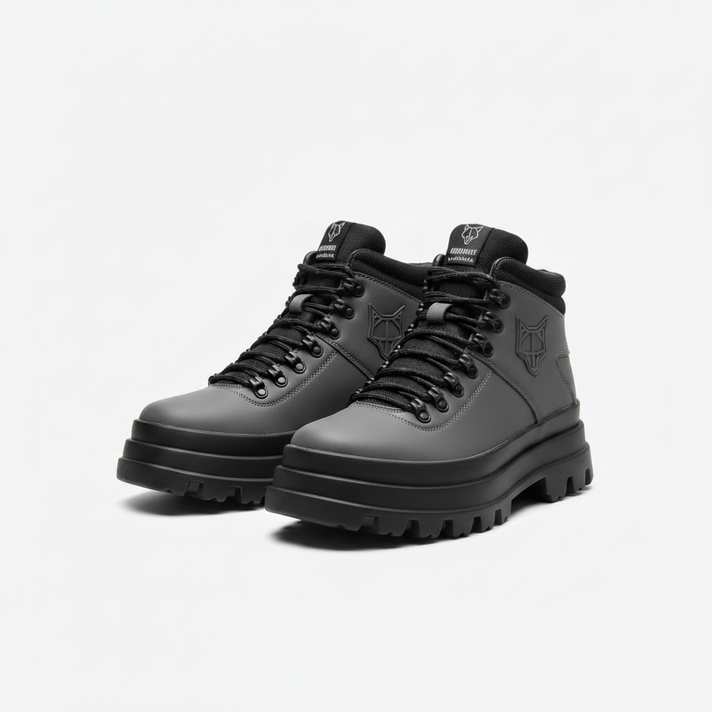 Charcoal grey leather ankle boots with black lug sole, centred on a plain off-white background