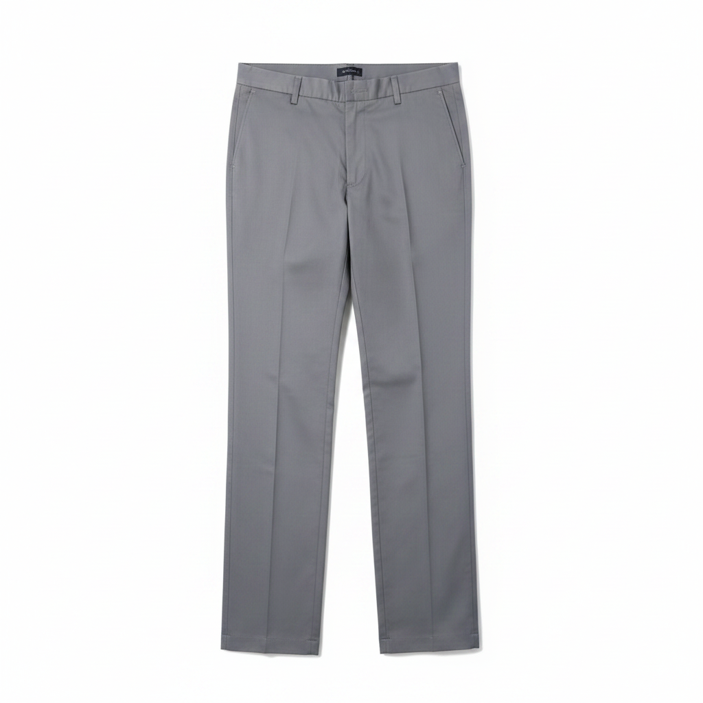 Men's grey slim straight chino trousers ghost mannequin front view on white background