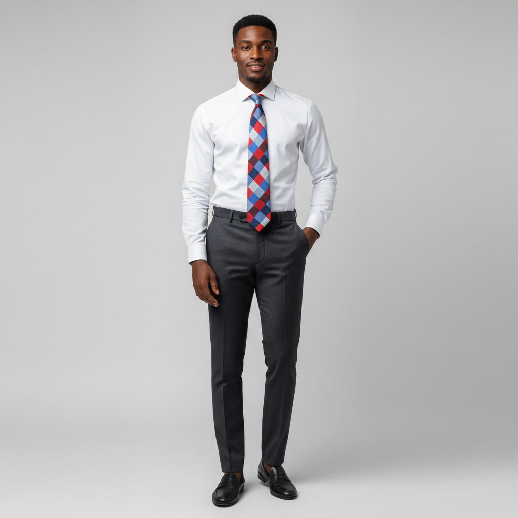 Nigerian male model wearing red blue and navy harlequin argyle check woven necktie with white shirt