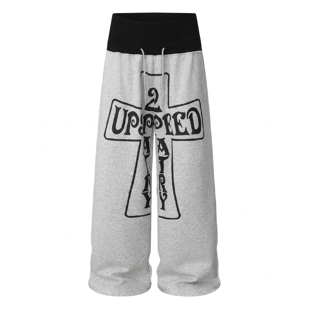 Light-grey wide-leg trousers with black outlined cross graphic