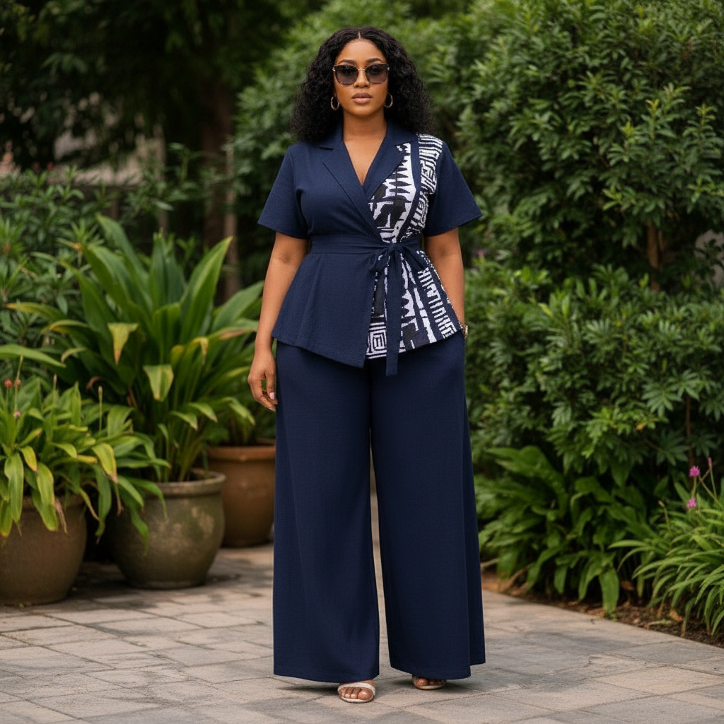 Women's printed-panel wrap top co-ord set in navy blue – Nigerian female model front view