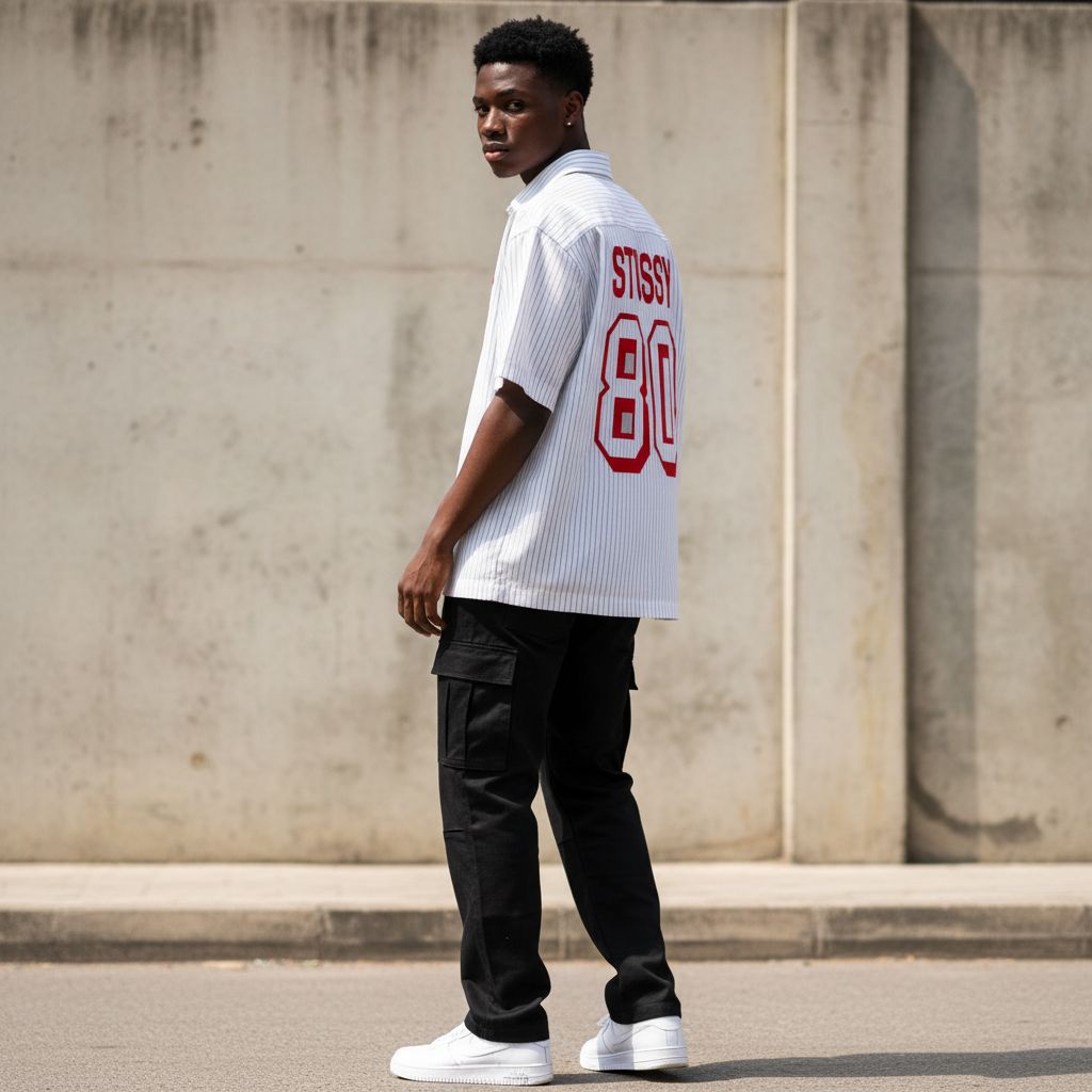 Male model wearing white Stussy 80 pinstripe varsity shirt showing back graphic
