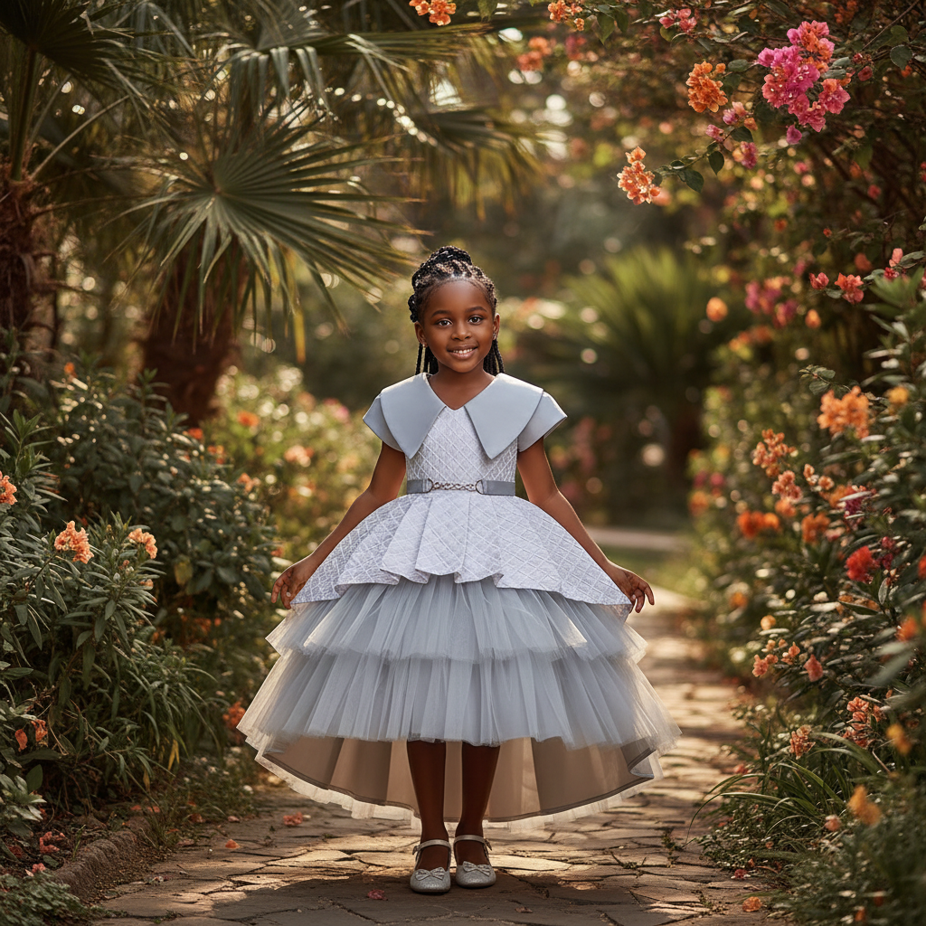 Young Nigerian girl wearing grey quilted tiered tulle ball gown
