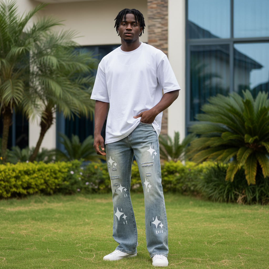 Men's Light Blue Star Print Flared Denim Jeans – Nigerian Male Model Shot
