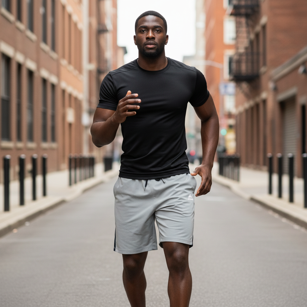 Black Nigerian male model wearing light grey black band sport shorts with black jersey in urban street workout setting