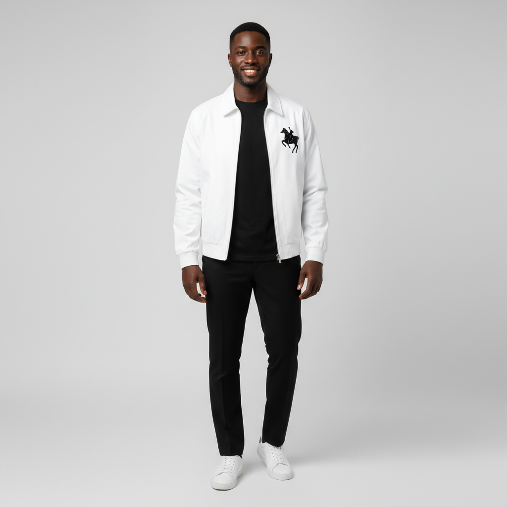 Model wearing the white zip-up harrington jacket