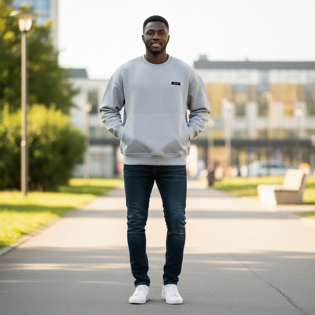 Nigerian model wearing Grey Oversized Kangaroo Pocket Crewneck Sweatshirt