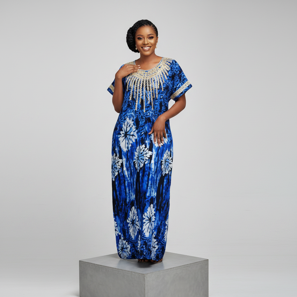 Nigerian female model wearing Blue Adire Long Bubu Gown with gold sequin neckline