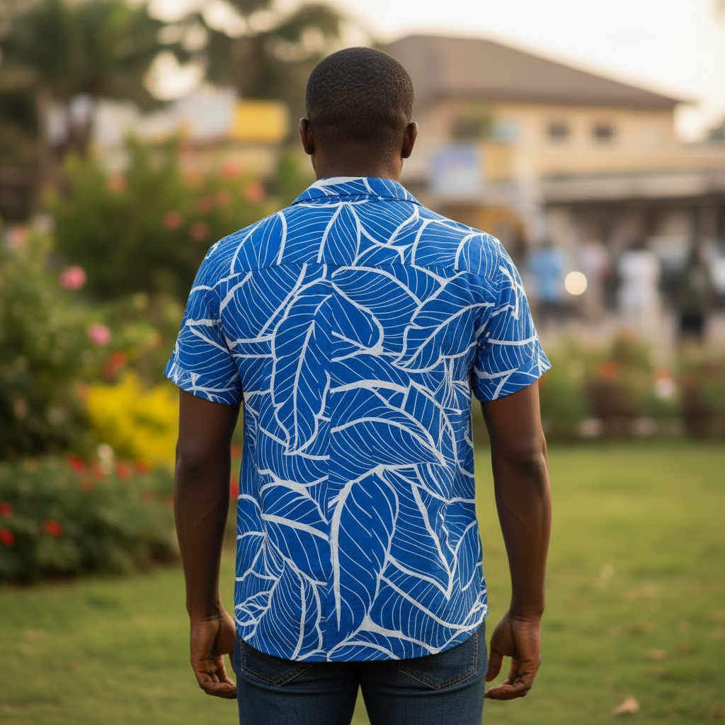 Nigerian male model wearing Blue Tropical Leaf Shirt back view
