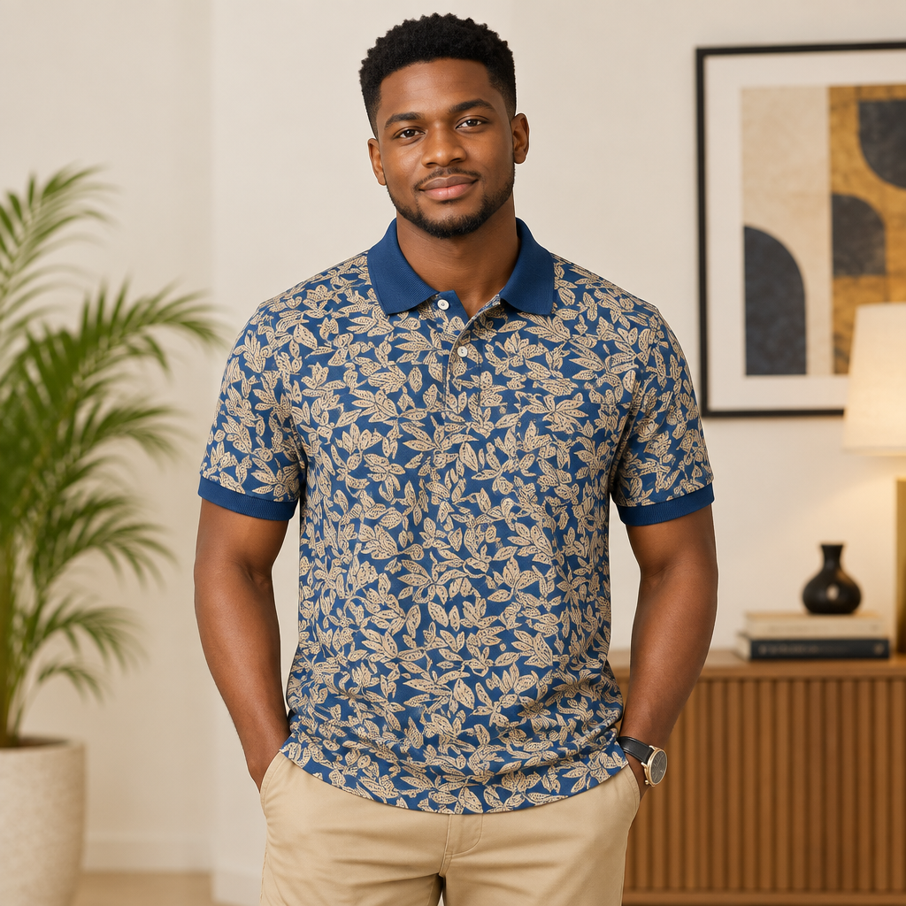 Young Black Nigerian man wearing navy blue botanical leaf print polo shirt