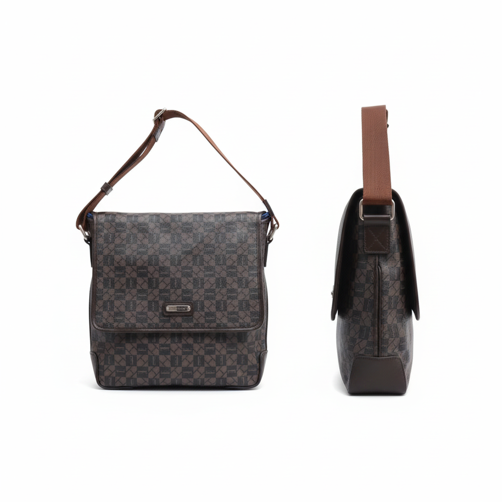 Ghost mannequin style leather crossbody bag catalog shot, front and side view