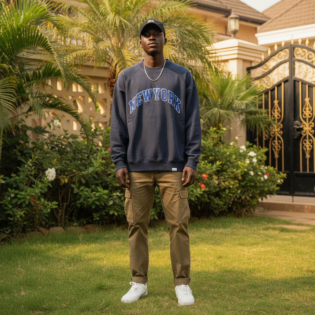 Men's Charcoal Blue Oversized Graphic Sweat Tee – Nigerian Male Model Shot