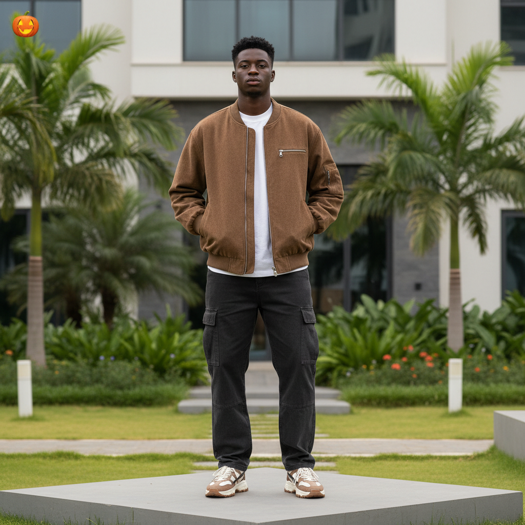 Men's Camel Suede-Effect Utility Bomber Jacket – Nigerian Male Model