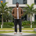 Men's Camel Suede-Effect Utility Bomber Jacket – Nigerian Male Model