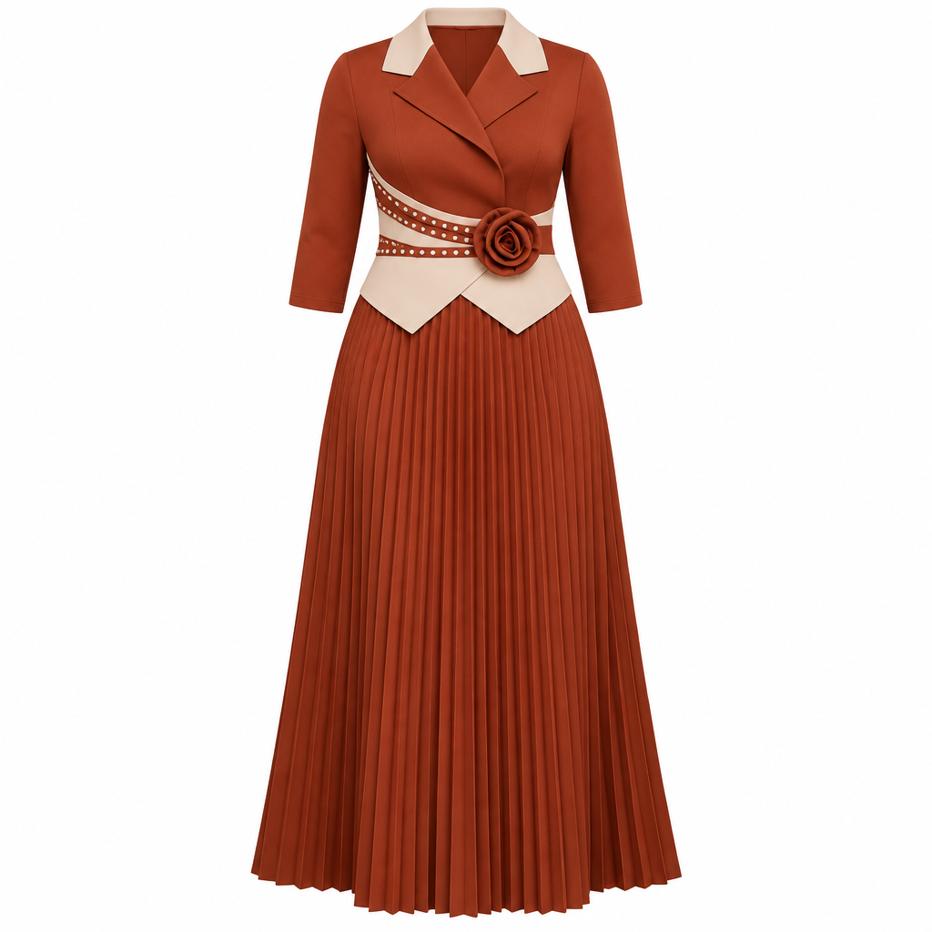 Rust brown contrast-collar pleated occasion dress on white background