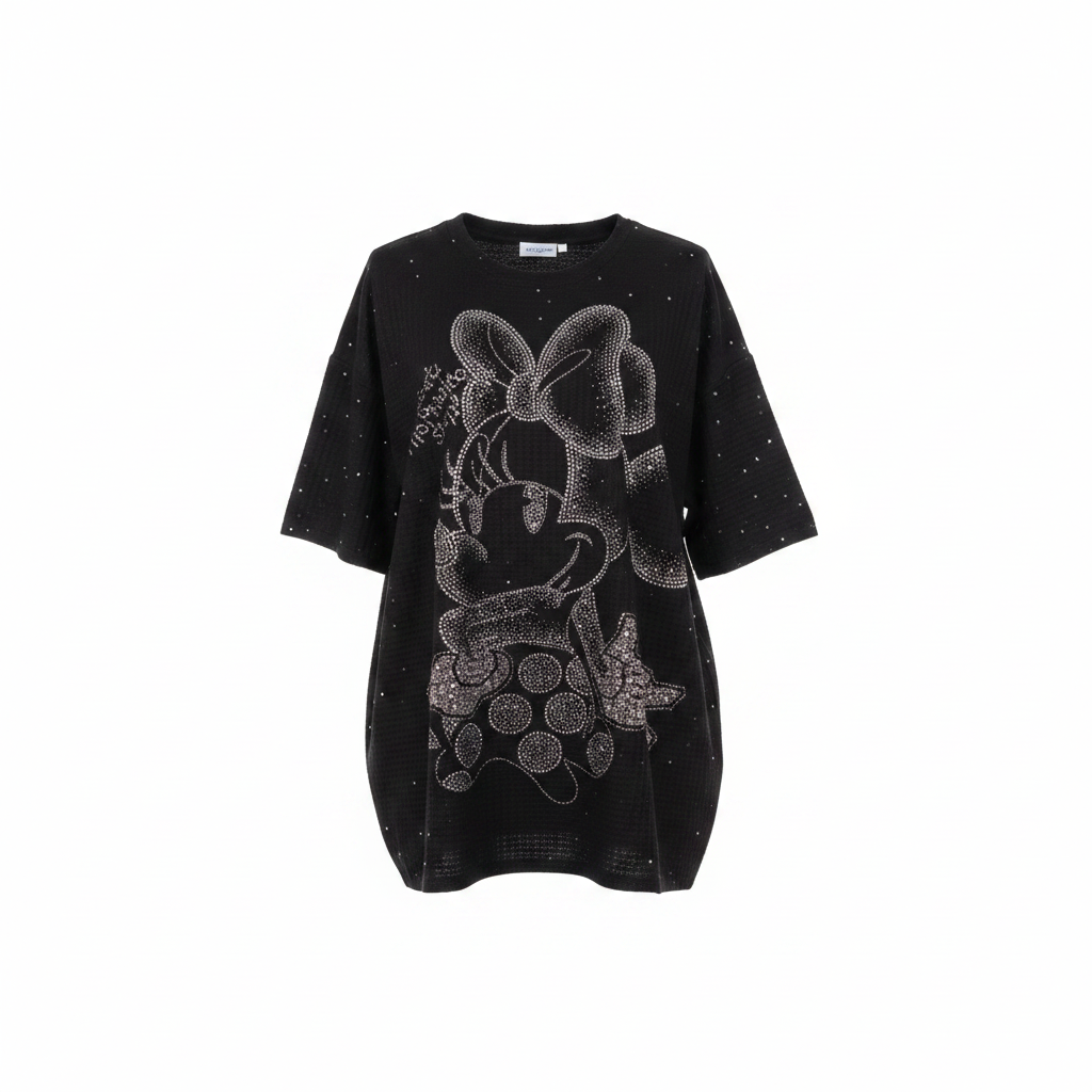 Ghost mannequin front view - black rhinestone Minnie Mouse graphic top