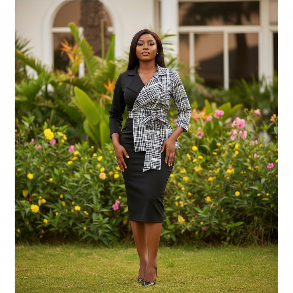 Women's Black & White Plaid Wrap Blazer & Black Midi Skirt Co-ord Set - Nigerian Female Model