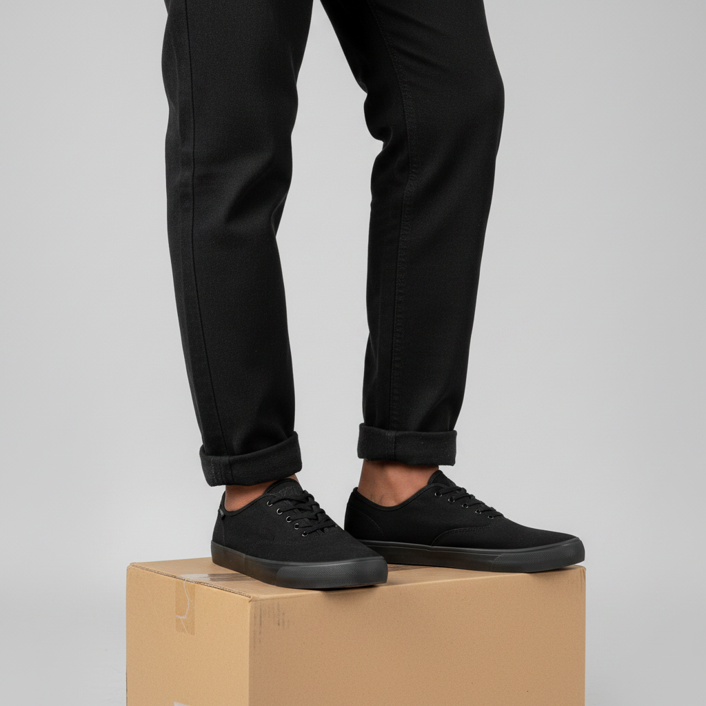 Men's triple black canvas low-top skate sneakers Nigerian male model leg shot