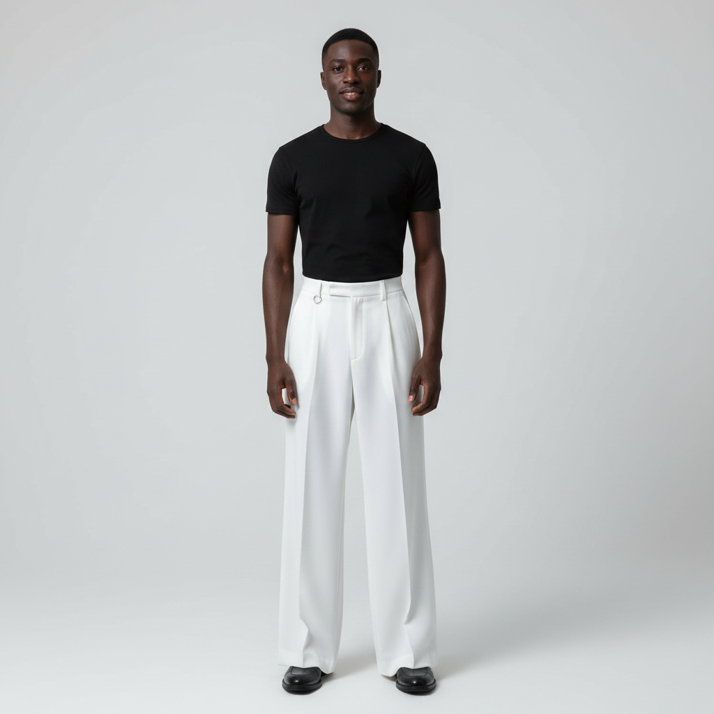Model wearing white wide-leg palazzo trousers with a black t-shirt