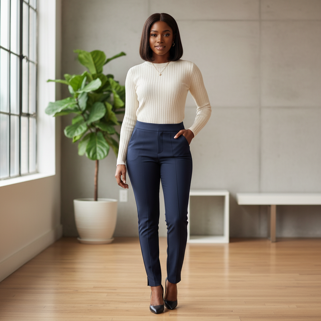 Young Nigerian female model wearing navy blue slim tapered ankle-zip trousers