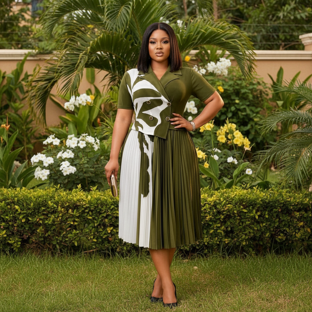Women's Olive Green Abstract Print Pleated Midi Dress — Nigerian female model shot