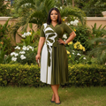 Women's Olive Green Abstract Print Pleated Midi Dress — Nigerian female model shot