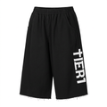 Black wide-leg long shorts with elastic waistband, raw hems and white vertical side graphic