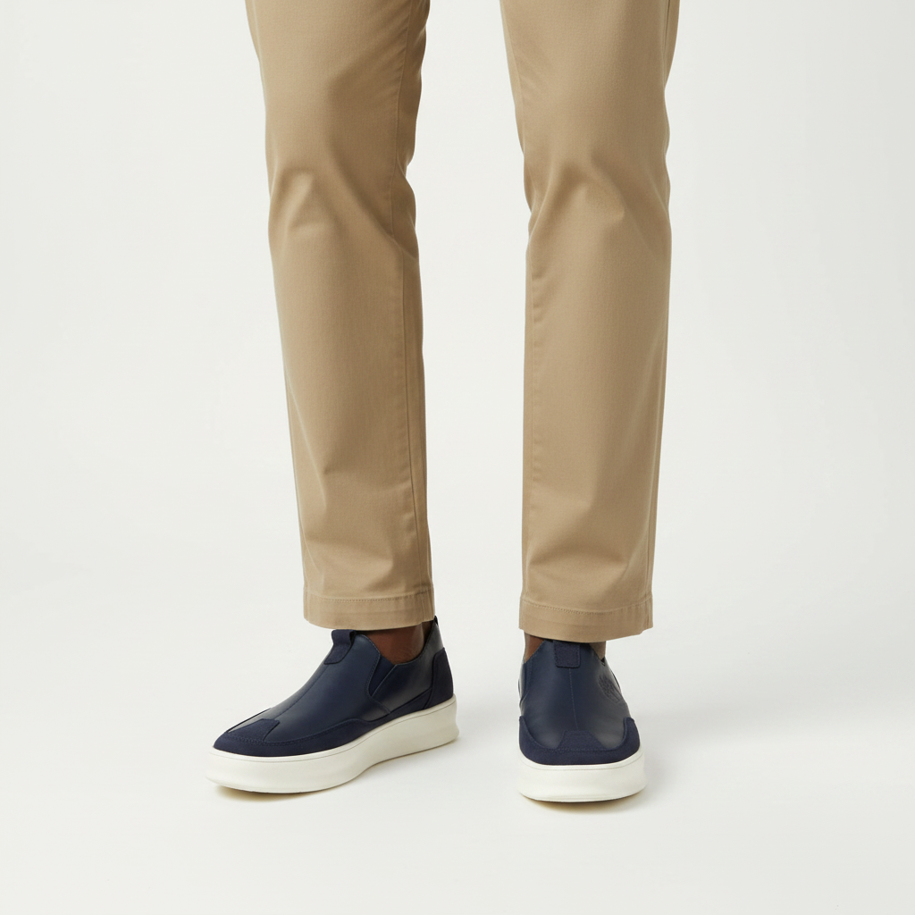 Navy leather slip-on sneakers with white sole worn with beige trousers