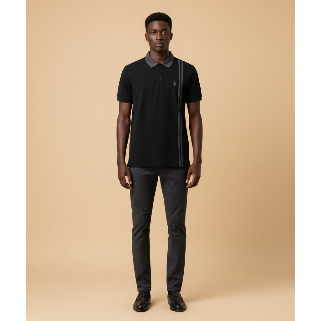 Chukmore Black Double Stripe Polo Shirt - Model Shot