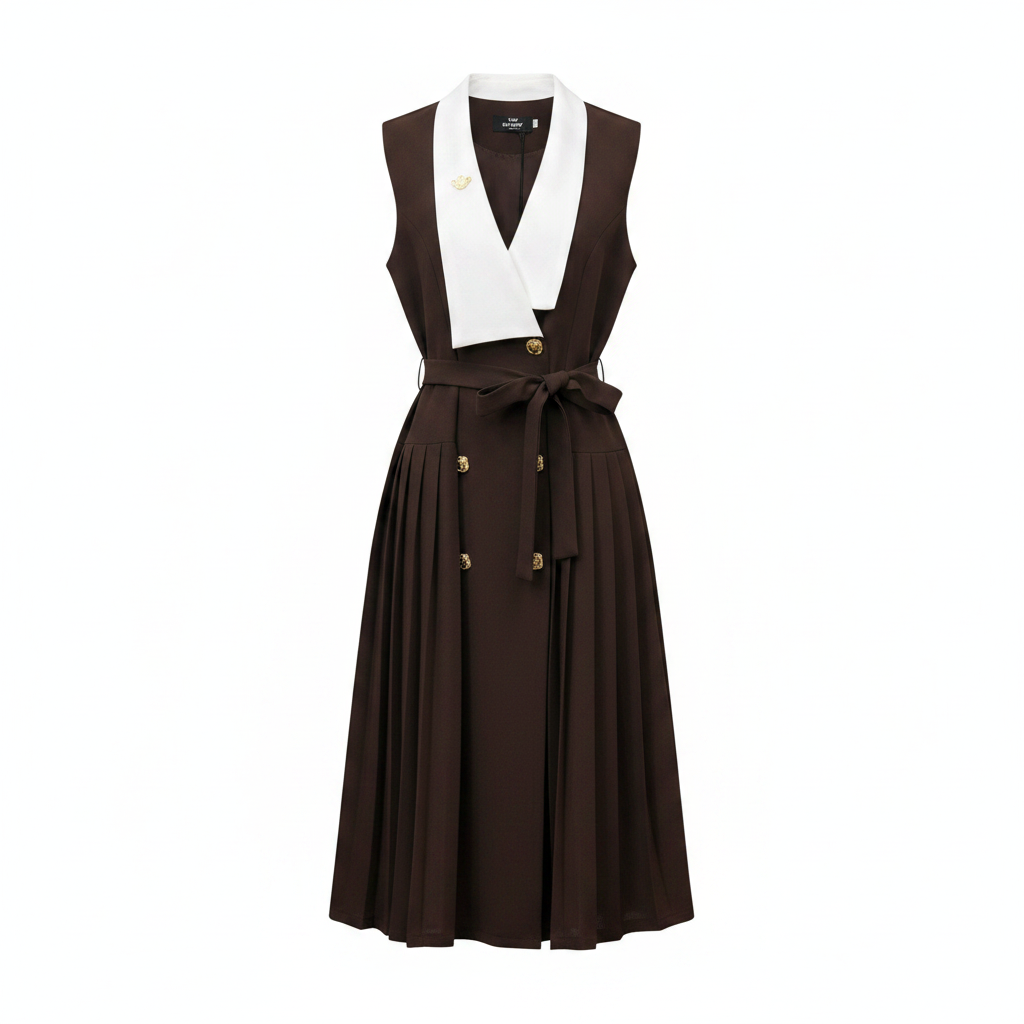 Women's sleeveless white-collar belted pleated midi dress in dark brown – ghost mannequin front view