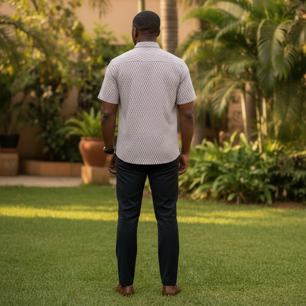 Nigerian male model wearing Diamond Print Short Sleeve Shirt back view