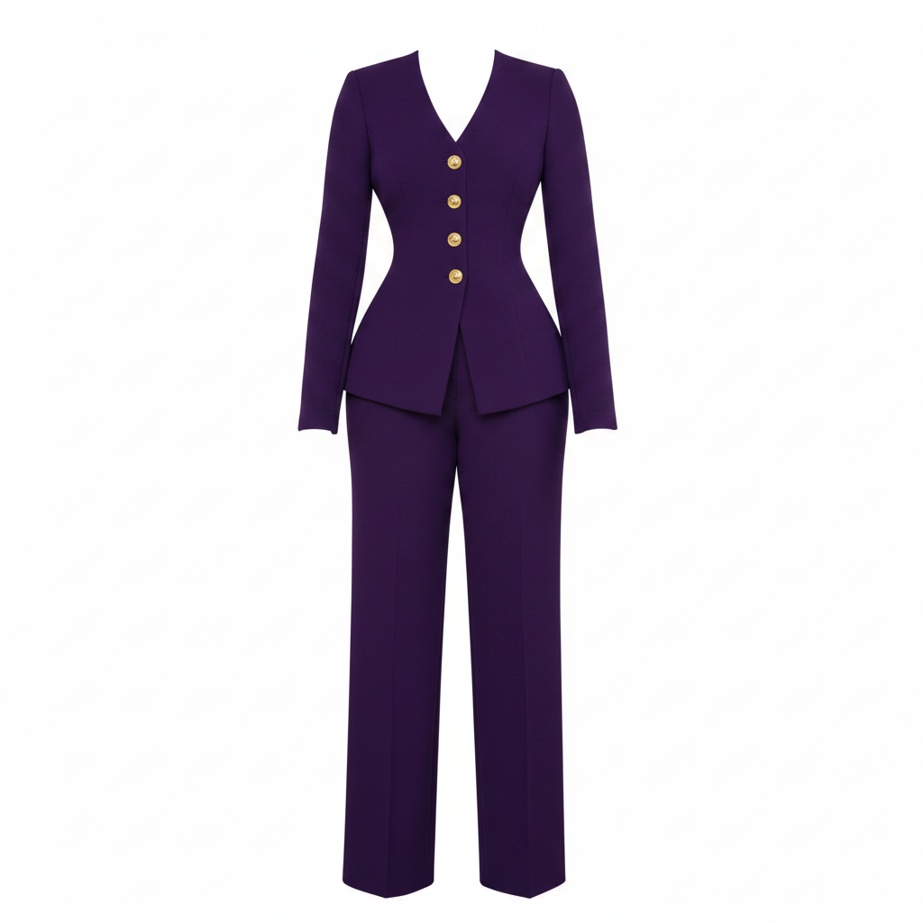 Steezu Royal Purple Gold Button Blazer Wide-Leg Trouser Suit Set – Ghost Mannequin