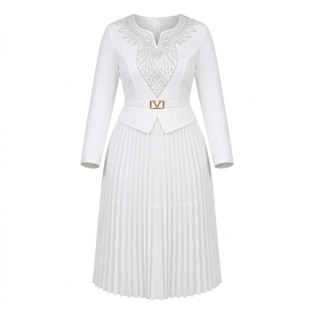 White embellished tiered pleated midi gown on an invisible mannequin