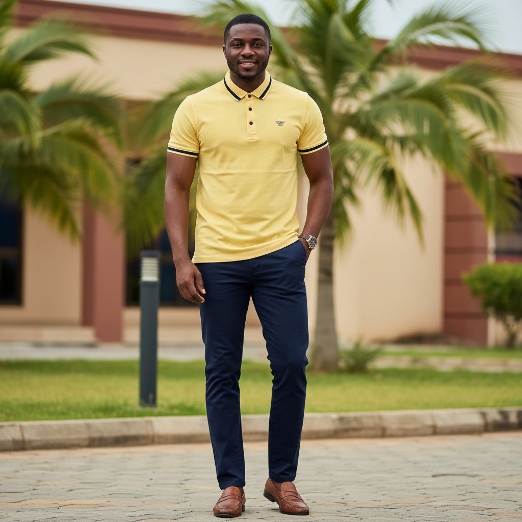 Nigerian male model wearing men's yellow polo shirt with navy tipping, garden setting