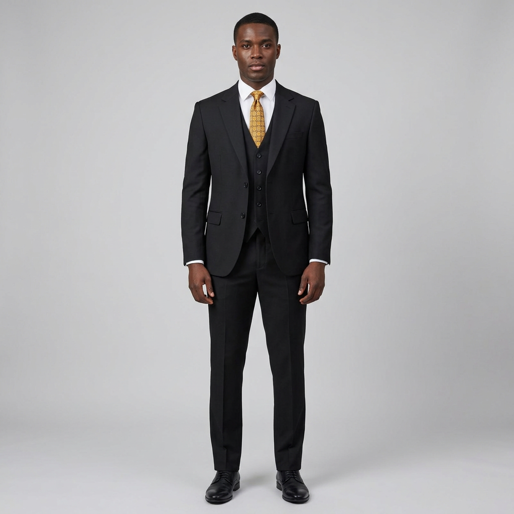Full-body Black adult model wearing a black three-piece suit
