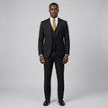 Full-body Black adult model wearing a black three-piece suit