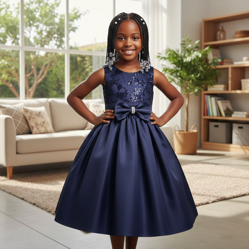 Young Nigerian girl wearing navy sequin bow dress