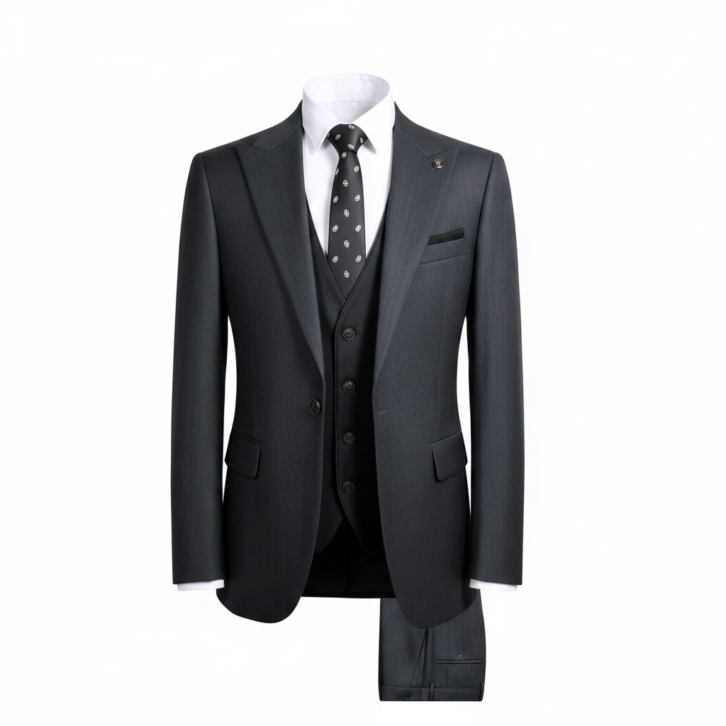 Men's dark charcoal grey 3-piece suit on ghost mannequin, full length